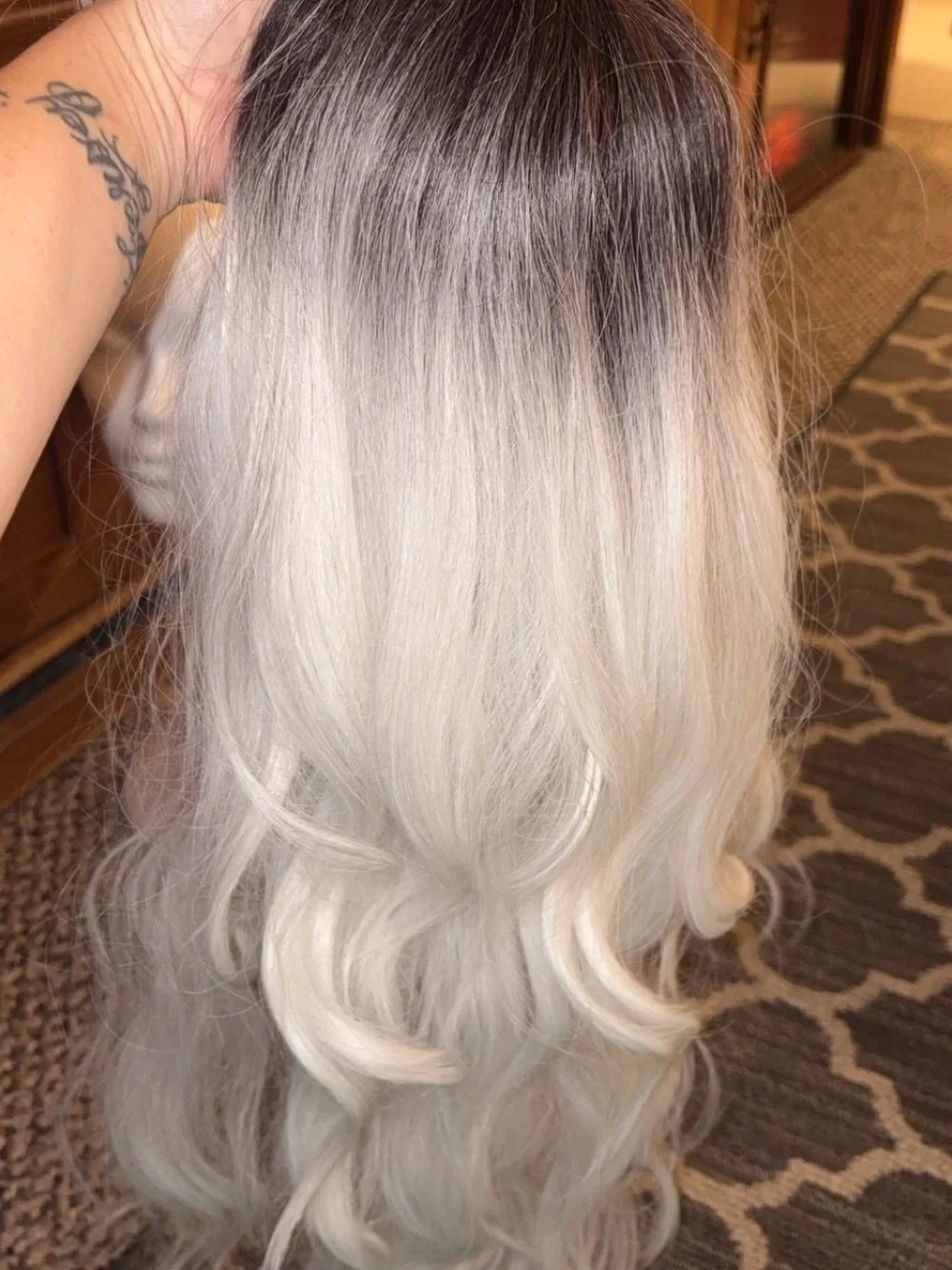 Long Wavy Ombre Women’s Wig with Bangs - Ash Blonde to Silver